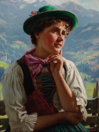 Girl in Traditional Costume in an Alpine Landscape by Emil Rau